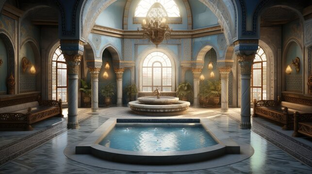 Highly detailed and photorealistic image of a traditional Turkish hammam