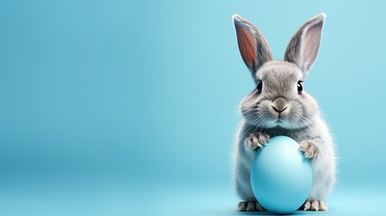 Fototapeta na wymiar Easter bunny holds a large egg on a blue background