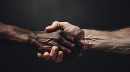 A handshake between a black man and a white man. The idea of racial unity. Illustration for cover, card, postcard, interior design, banner, poster, brochure or presentation.