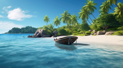 A lone small wooden rowing boat is moored in calm water. The illustration creates a serene mood. Tropical islands and blue sky on the horizon. Nature background. Design for flyer, cover or brochure.