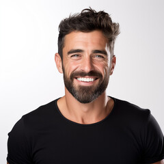 Young man portrait. Professional male headshot. White background and black shirt.