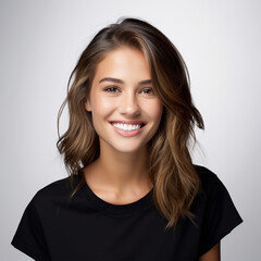 Studio portrait headshot of a woman. Black shirt, white background.  Dental ad, hair studio ad