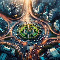 An aerial view of a busy roundabout with lush greenery in the city center during twilight.Modern roundabout concept. AI generated. - obrazy, fototapety, plakaty