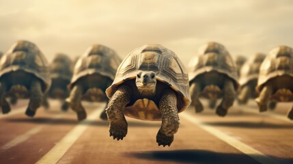 tortoise leading in a hare race in strategy and leadership - obrazy, fototapety, plakaty