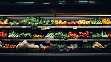 Vibrant supermarket in the vegetable section, background with copy space.