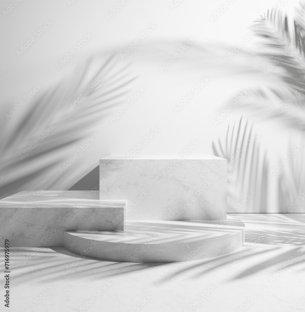 Poster empty white podiums geometrical forms made of marble with leafs silhouettes and bright white plaster