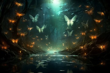 Obraz na płótnie Canvas Luminescent spirit fireflies in Fantasy - Generative AI