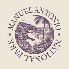Manuel Antonio, Quepos, Costa Rica Illustration Clip Art Design Shape. National Park Vintage Icon Vector Stamp.