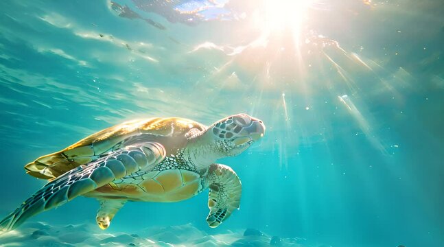 green turtle swimming underwater in sunny ocean waters