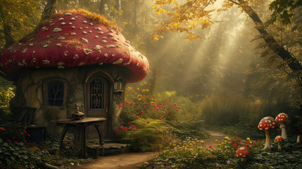 A fairy-tale mushroom house in a mystical forest with sunlight.