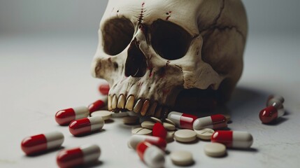 A close-up of a skull with a toothache, surrounded by pills. Generative AI - obrazy, fototapety, plakaty