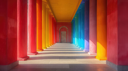 Brightly colored columns line a sunlit passageway.