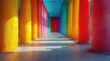 Brightly colored columns line a sunlit passageway.