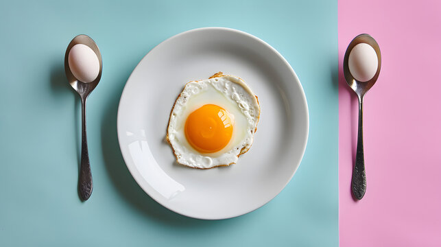 Conception of fertilization. Fried egg in white plate, and spoon
