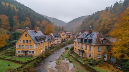 Fototapeta na wymiar Drone view of a quaint village with autumn foliage.