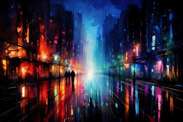 Abstract city lights reflected in rain-soaked streets, with the gradient of colors creating a captivating urban nighttime scene.