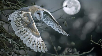 moonlit animal focus on a flying barn owl