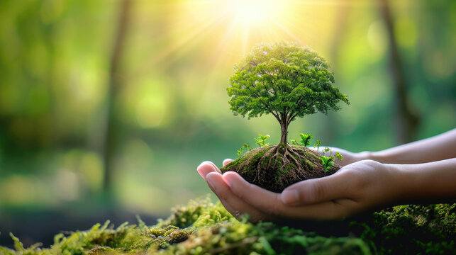 small green tree in hands, close-up, sunlight