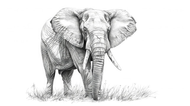 large elephant standing on the grass, black and white pencil drawing