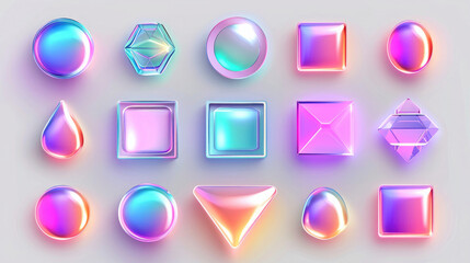 set of holographic 3D volumetric figures, different shapes, shiny icons on a white background - obrazy, fototapety, plakaty