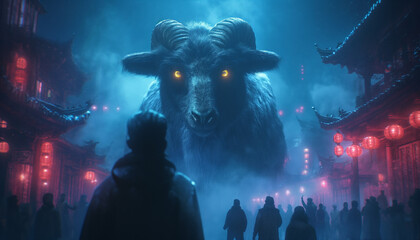 Majestic Horned Beast with Glowing Eyes in a Mystical Chinese Town - obrazy, fototapety, plakaty