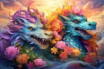 Obraz premium Ferocious storm dragons in Fantasy - Generative AI