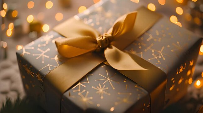 a gift wrapped in gold and silver paper with a bow