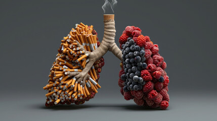 comparison of lungs filled with cigarette butts and health berries on a gray background - obrazy, fototapety, plakaty