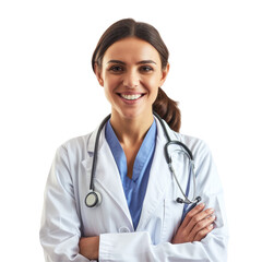 Fototapeta premium A smiling female doctor with crossed arms wearing a lab coat and stethoscope.