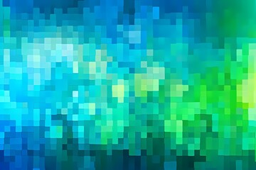 Abstract digital art with a pixelated gradient background transitioning from electric blue to vibrant green.