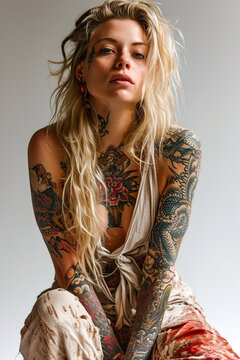 An attractive long haired blonde model with an elaborate tattoo