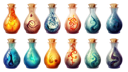 A collection of vibrant, cartoon-styled potion bottles in various colors and bubbling contents, corked and uncorked. Game design assets, transparent background