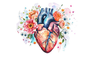 Anatomical heart surrounded by colorful flowers in a watercolor style.