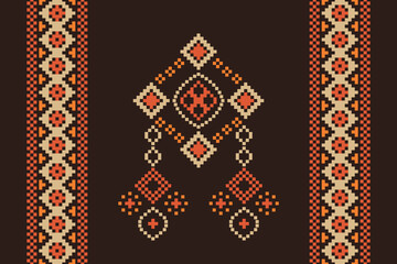 Ethnic geometric fabric pattern Cross Stitch.Ikat embroidery Ethnic oriental Pixel pattern brown background. Abstract,vector,illustration. Texture,clothing,scarf,decoration,motifs,silk wallpaper.
