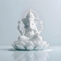 Ganesha, Hindu god of wisdom and prosperity, sits on a lotus flower in a pond., Generative AI