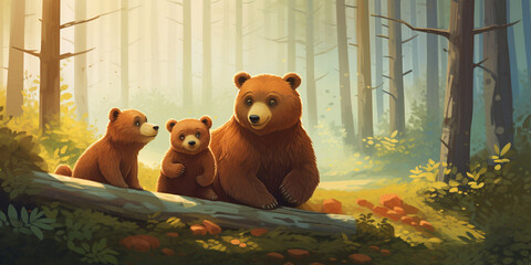 cute bear baby with her mother setting in the jungle, Big Bear and Little Bears in the forest, lovely bear family - obrazy, fototapety, plakaty