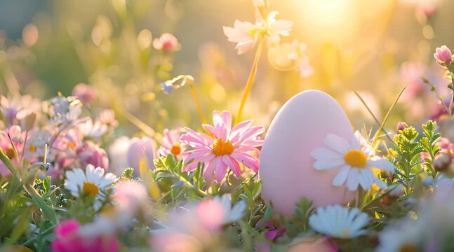 a pink egg sitting in a field of flowers