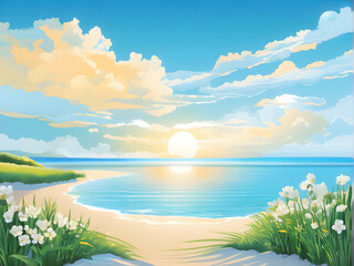 Fototapeta na wymiar Tranquil Beach Sunrise: Serene Vector Illustration of a Clear Spring Morning with Fluffy Clouds and Calming Ocean Horizon. generative AI