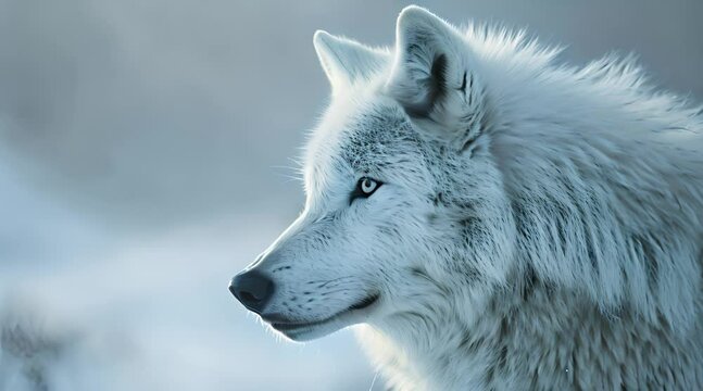 wolf standing solo in snowy blue haze
