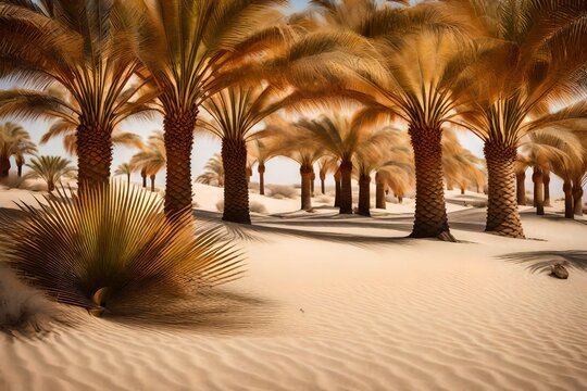 In the heart of the desert, a cluster of palm trees creates an oasis of life amid the vast expanse of sand