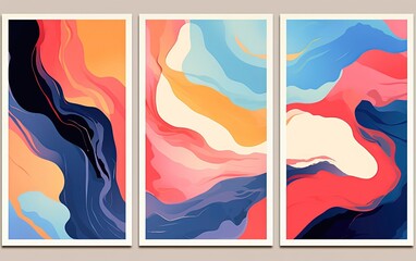 abstract background of art illustration framed in minimalism style swirl free form curve and line set on wall, three frames, mockup idea, Generative Ai