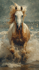 A horse is running on the water. Mystical portrait of an elegant stallion. AI generative