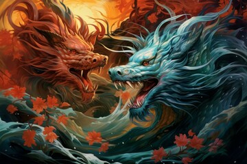 Fototapeta na wymiar Ferocious storm dragons in Fantasy - Generative AI