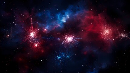 Abstract firework-like bursts of ruby red and sapphire blue against a pitch-dark sky.