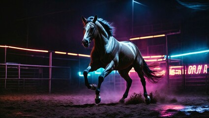 Horse galloping in arena at night with fog and backlight