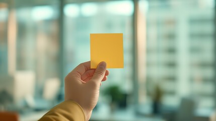 man holding empty blank yellow paper note with urban modern indoor office building as background, idea for memory improvement and memorize concept, Generative Ai