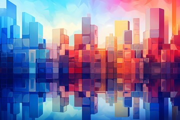Abstract geometric pattern in a city setting, featuring buildings with vibrant gradient colors reflecting modern architecture.