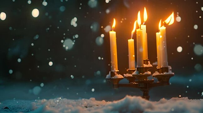 a group of lit candles sitting on top of a snow covered ground