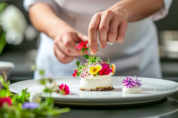 Obraz na płótnie Canvas Chef decorating dessert with edible flowers, demonstrating culinary skills and passion for haute cuisine. Concept of sophistication, gastronomic experience and process of creating exquisite dishes