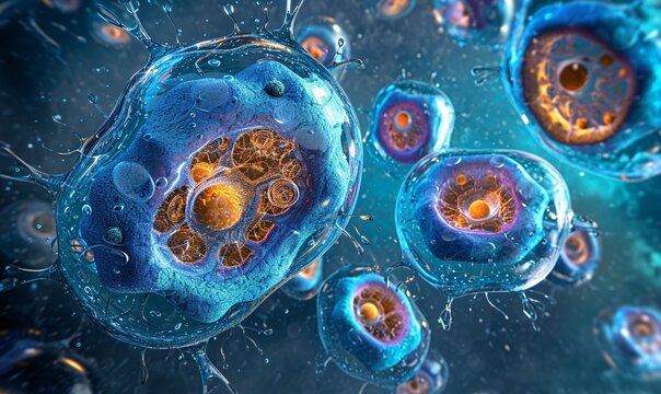 A collection of blue and purple cellular structures Generative AI